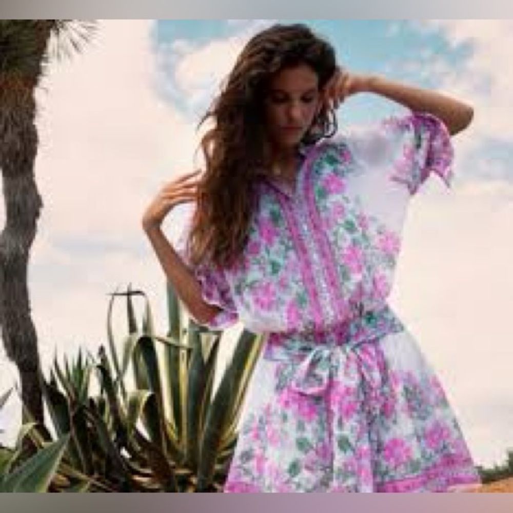 Juliet Dunn White Floral Mini Dress with Pink and Green Print